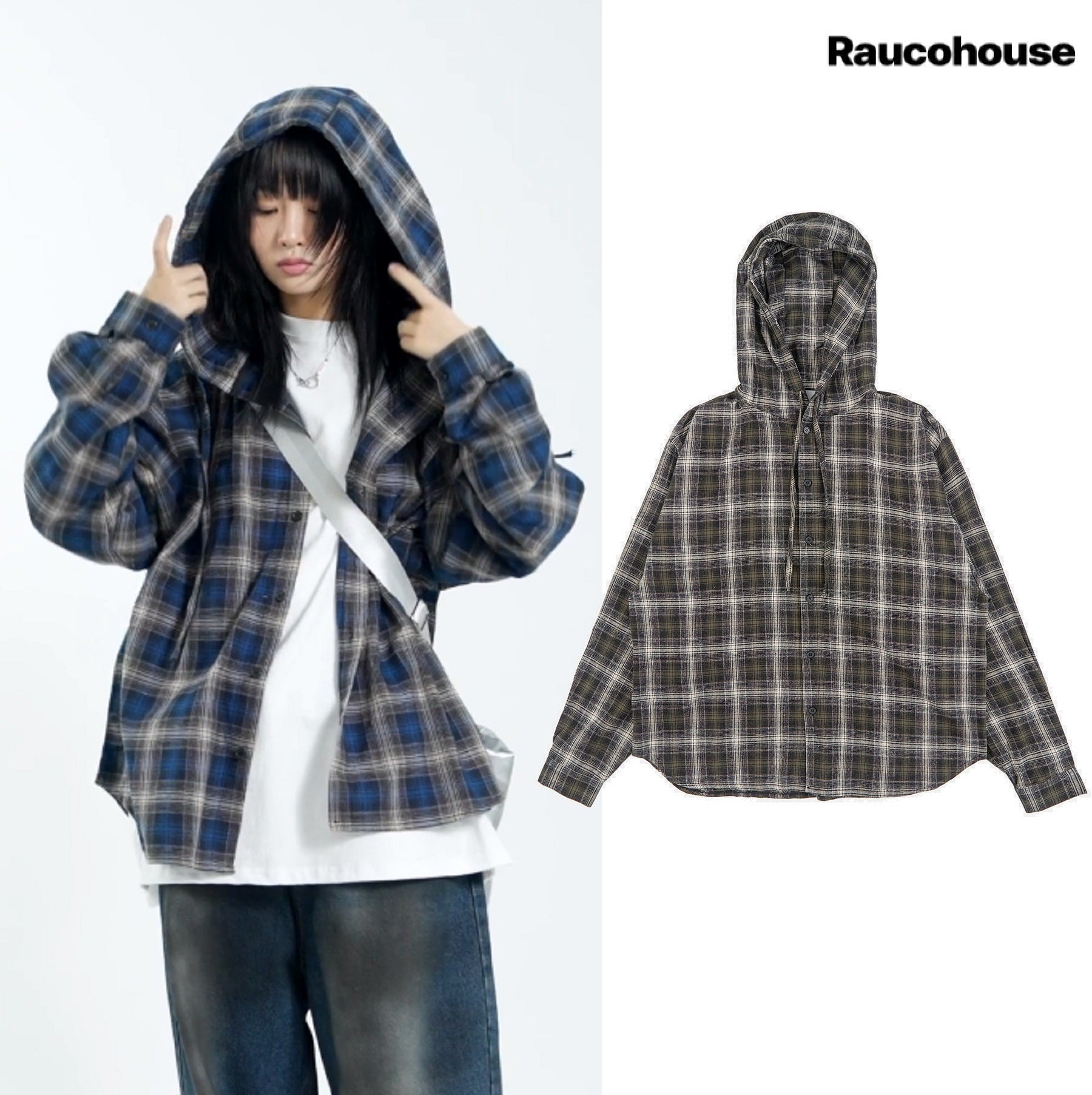 [Raucohouse] Retro overcheck hooded shirt 2色 (UNISEX) - コクモト KOCUMOTO