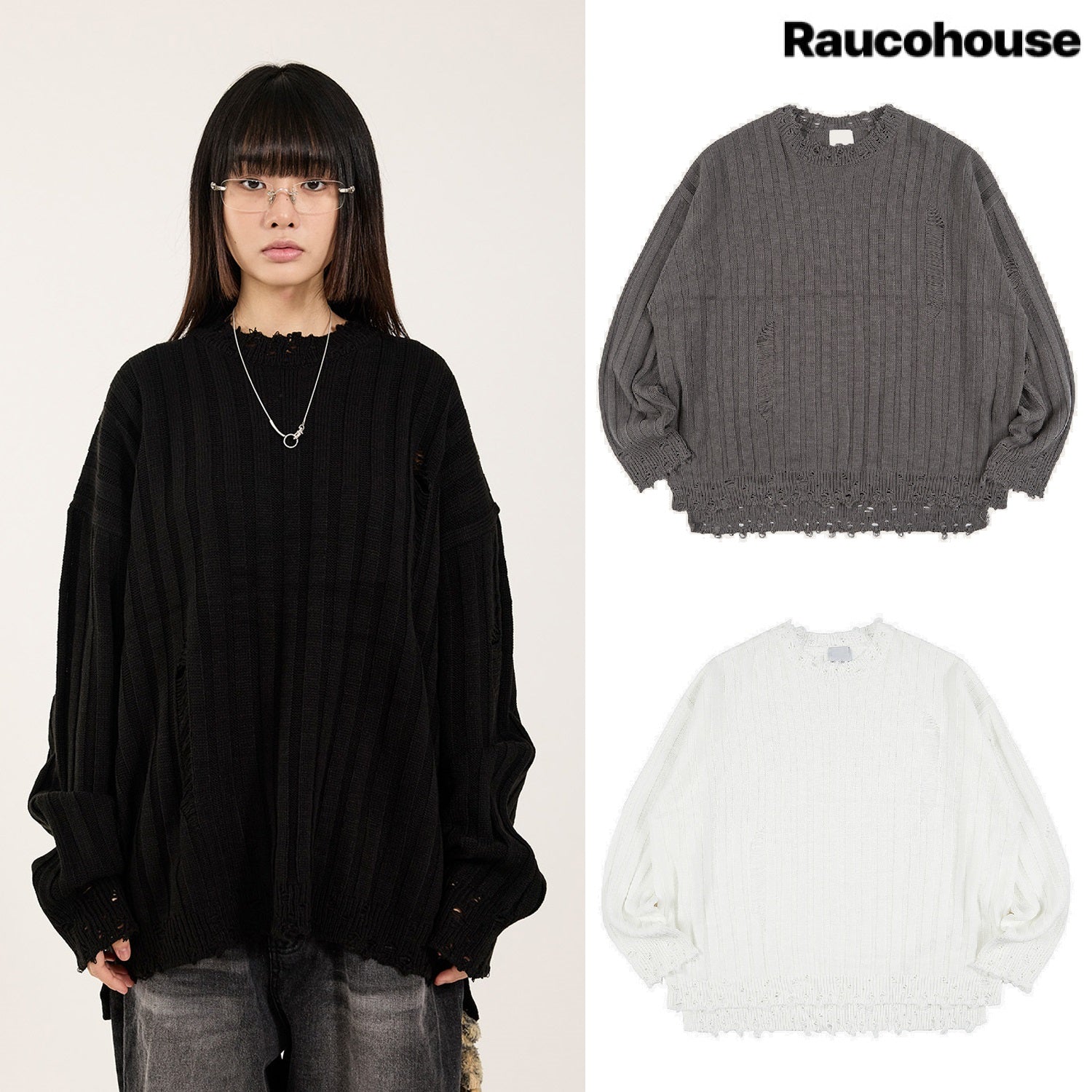 [Raucohouse] Ribbed crack damage slit over knit 3色 (UNISEX) - コクモト KOCUMOTO