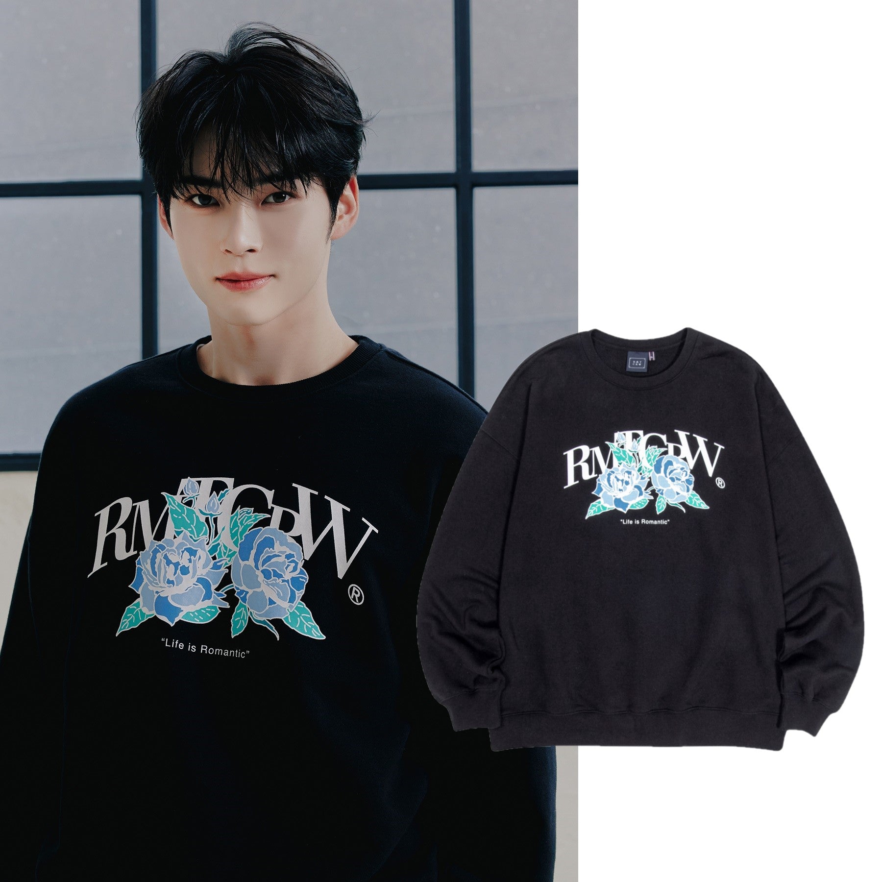 [ROMANTIC CROWN] [RMTC X ZB1] [韓国人気新学期ファッション] BLUE ROSE CREWNECK_BLACK - コクモト KOCUMOTO