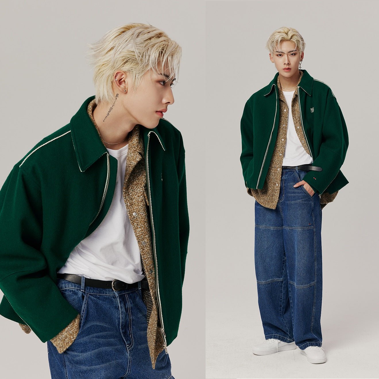 [ROMANTIC CROWN X ZEROBASEONE] 23F/W WOOL PIPING BIKER JACKET_GREEN - コクモト KOCUMOTO