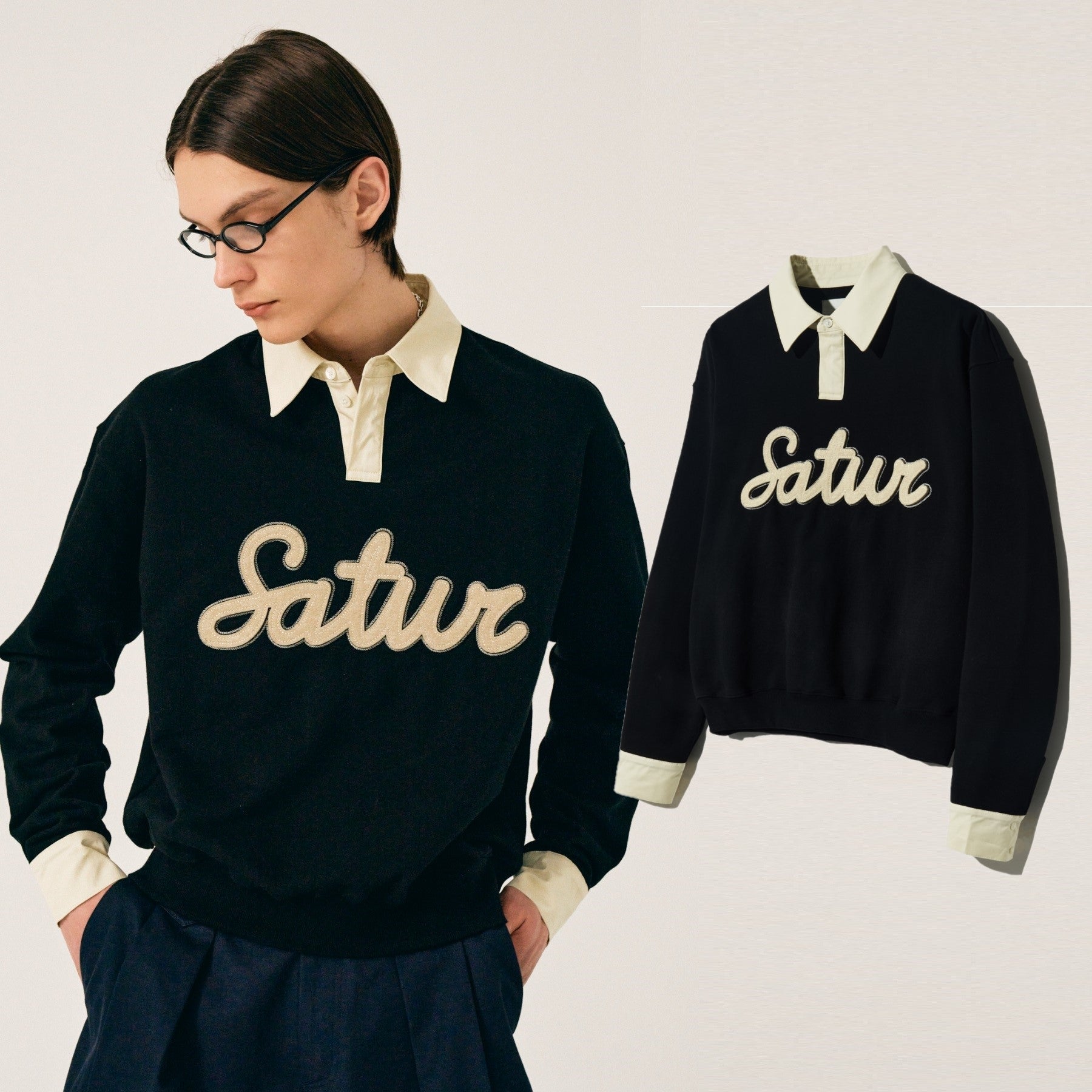 [SATUR]韓国人気Applique Logo Cuffs Sweatshirts Resort Black - コクモト KOCUMOTO