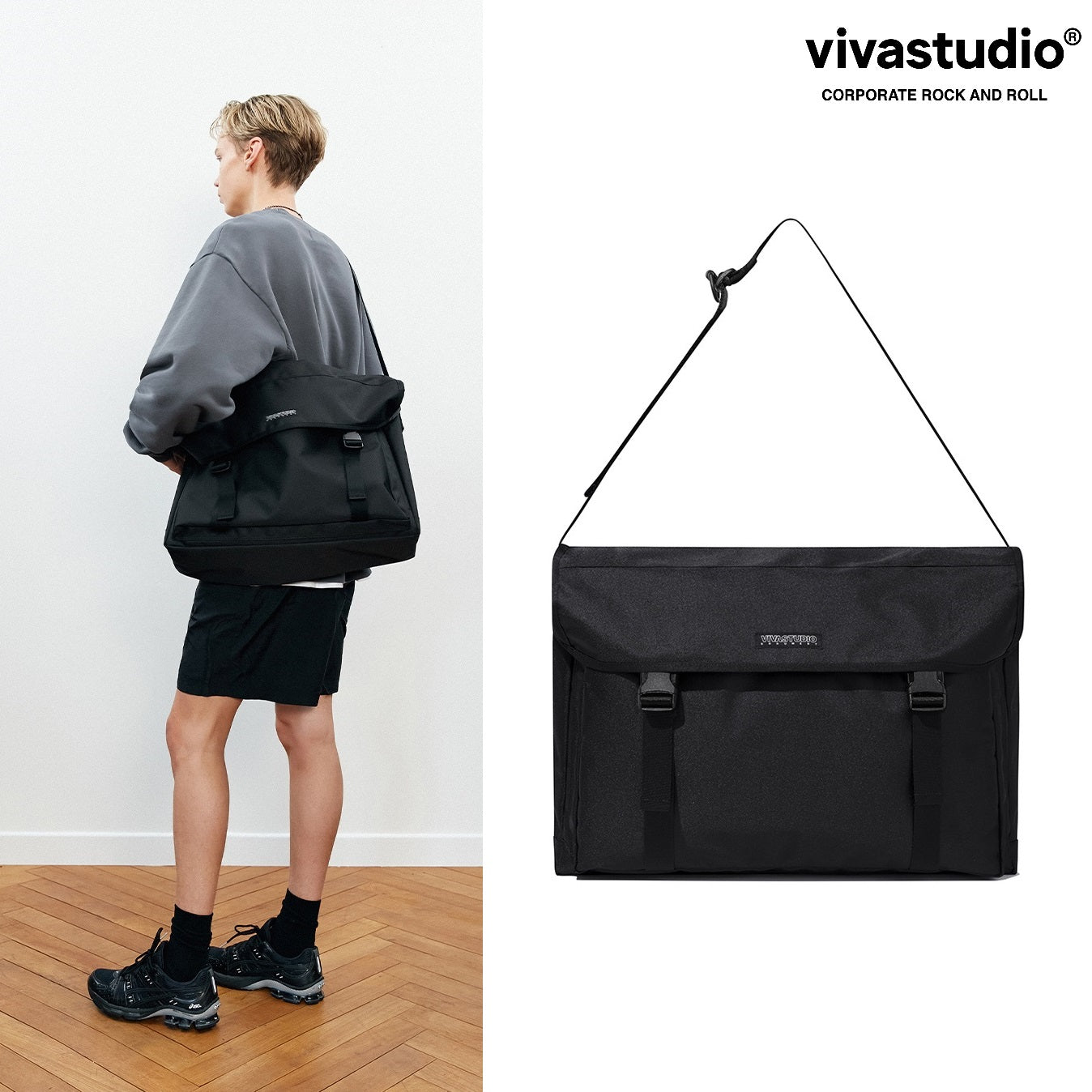 [VIVASTUDIO] MESSENGER BAG KS [BLACK] 韓国ファッション 韓国人気 学生ファッション日常服 贈り物 ストリートファッション カップルアイテム - コクモト KOCUMOTO