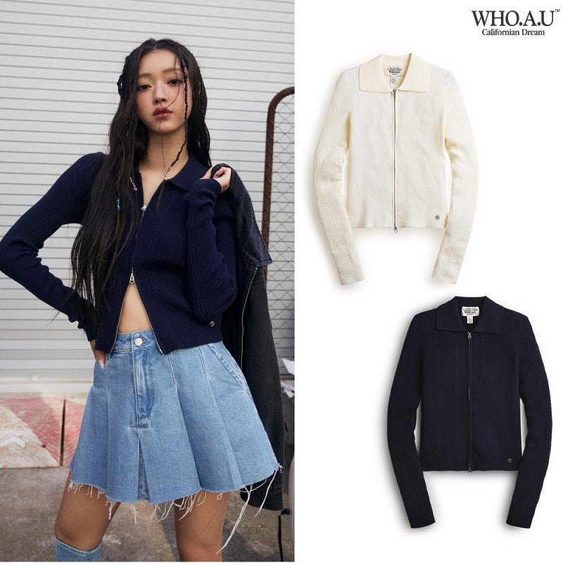 [WHO.A.U][OH MY GIRL-YooA(ユア)] Collar cable zip-up cardigan 2色 新商品 韓国ファッション 韓国人気 女性服 肝節期 日常服 ストリートファッション 学生ファッション カジュアル - コクモト KOCUMOTO