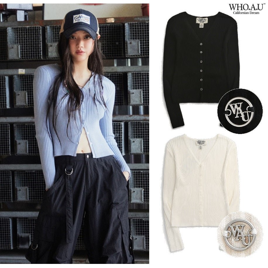 [WHO.A.U][OH MY GIRL-YooA(ユア)] Ribbed button cardigan 3色 新商品 韓国ファッション 韓国人気 女性服 肝節期 日常服 ストリートファッション 学生ファッション カジュアル - コクモト KOCUMOTO