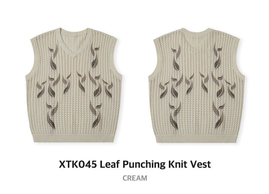 [XTONZ] Leaf Punching Knit Vest (CREAM) 大学生ファッション/韓国ファッション/人気ブランド/ 男女共用/カップル - コクモト KOCUMOTO