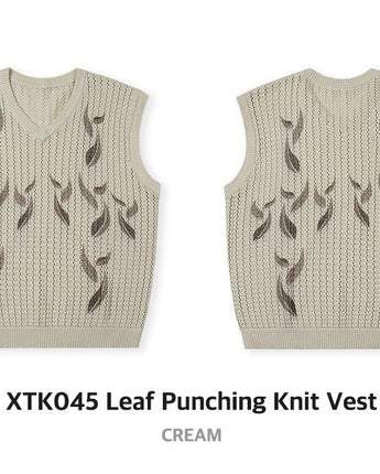 [XTONZ] Leaf Punching Knit Vest (CREAM) 大学生ファッション/韓国ファッション/人気ブランド/ 男女共用/カップル - コクモト KOCUMOTO